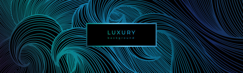 Luxury wavy linear banner. Shiny blue waves on black background. Swirl pattern. Template with gradient lines. Decorative stormy sea, ocean. Curved lines. Water texture