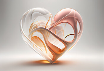 Poster - Beautiful abstract heart made from smooth elegant transparent fabric on white background 3d pink and peach colors. Generative AI technology.
