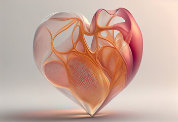 Poster - Beautiful abstract heart made from smooth elegant transparent fabric on white background 3d pink and peach colors. Generative AI technology.
