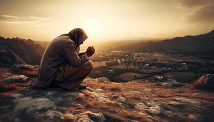 Poster - Meditating on mountain cliff, seeking spiritual solitude generated by AI