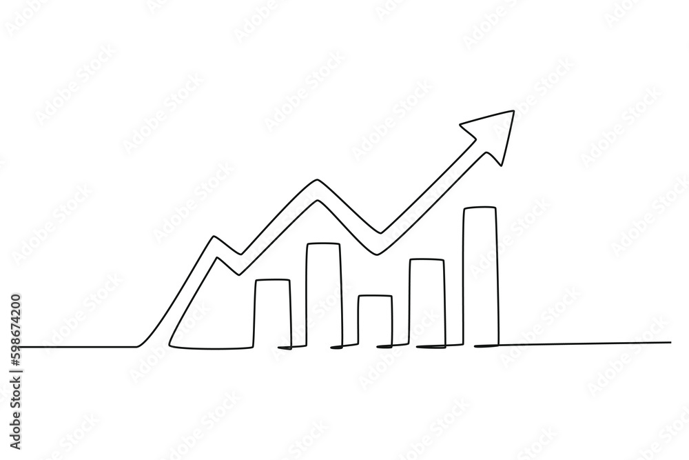 Single one line drawing bar chart and arrow up. Success business ...