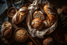 Many Mixed Breads And Rolls Shot From Above. Neural Network AI Generated Art