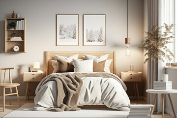 King-size bed with beige bed linen in adorable bedroom. Light modern bedroom with huge king size bed. Generative AI.