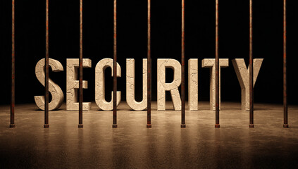 Securiry, criminal behind bars concept abstract, text word wide banner