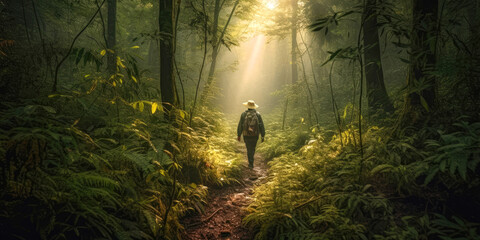 solo traveler trekking through a dense forest, with rays of sunlight piercing through the leaves to 