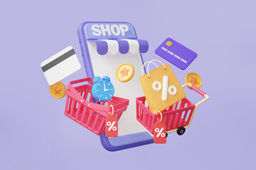 Sticker - 3D Promotion sale marketing shopping via online mobile phone, discount coupons concept. money transfer. financial transactions, refund, cashback, minimal cartoon, 3d rendering illustration