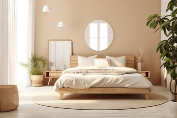 Wall Mural - Minimal interior design bedroom with beige cozy tone style, decorate with wooden bed, lamp, white pillows, table, and brown tone background, empty wall for mock up and banner, with Generative Ai.