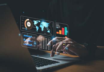 Wall Mural - young entrepreneur using big data analysis and cloud technology to collect customer data and display