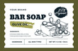 Hand made soap bar package label or sticker design. Vector hand drawn sketch illustration. Badge or banner layout