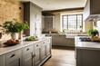 Traditional English in-frame country kitchen with muted natural colour tones. Generative AI