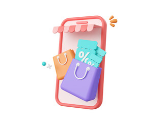 Wall Mural - 3d cartoon design illustration of Shop smartphone with discount code and shopping bag, Advertising marketing promotion concept.