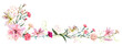 Panoramic view: bouquet of carnation, lilies, spring blossom. Horizontal border for Mothers Day or wedding invitation. Gentle realistic  in watercolor style on white background. Vector