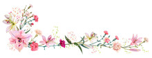 Panoramic View: Bouquet Of Carnation, Lilies, Spring Blossom. Horizontal Border For Mothers Day Or Wedding Invitation. Gentle Realistic  In Watercolor Style On White Background. Vector