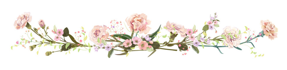 Panoramic view: bouquet of carnation and spring blossom. Horizontal border: light flowers, buds, leaves on white background. Realistic digital illustration in watercolor style, vintage, vector