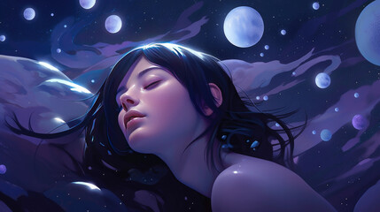 Wall Mural - lucid dreaming astral projection close up woman meditation illustration generative ai