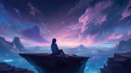 Wall Mural - beautiful stars colorful clouds woman in meditation pose looking above generative ai