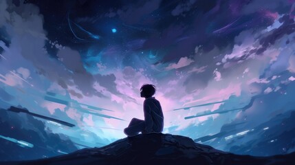 Wall Mural - beautiful stars colorful clouds woman in meditation pose looking above generative ai