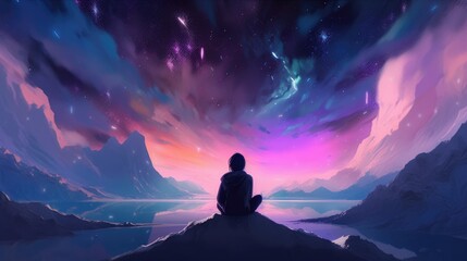 Wall Mural - beautiful stars colorful clouds woman in meditation pose looking above generative ai