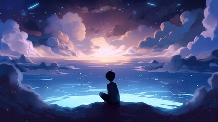 Wall Mural - beautiful stars colorful clouds woman in meditation pose looking above generative ai