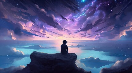 Wall Mural - beautiful stars colorful clouds woman in meditation pose looking above generative ai