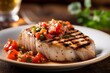 Close up of grilled swordfish with tomato-basil relish, created with Generative AI technology.