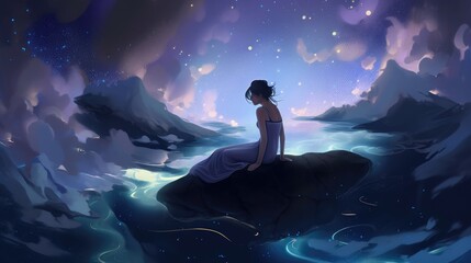 Wall Mural - beautiful stars colorful clouds woman in meditation pose looking above generative ai