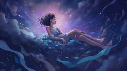 Wall Mural - beautiful stars colorful clouds woman in meditation pose looking above generative ai