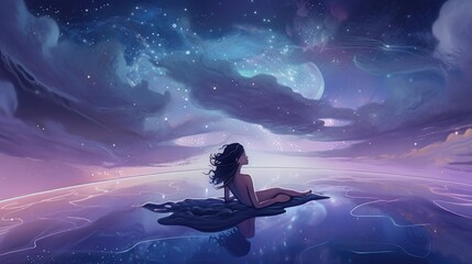 Wall Mural - beautiful stars colorful clouds woman in meditation pose looking above generative ai