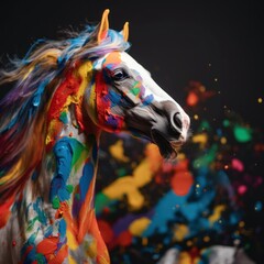 Canvas Print - A white horse with colorful paint on it's face. AI generative image.