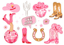 Collection Of Retro Cowboy Fashion Elements. Cowgirl Boots, Disco Ball, Hat, Horseshoe, Cactus And Lettering. Cowboy Western And Wild West Theme. Hand Drawn Vector.