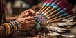 Hands craft a traditional native american headdress, adorned with a colorful array of feathers and beads, concept of Indigenous artistry, created with Generative AI technology Generative AI