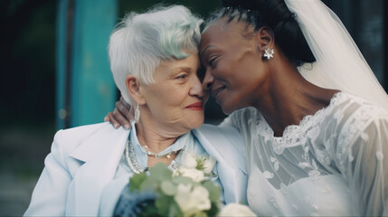 Wall Mural - Old women lesbian couple. marrage Black and Caucasian female bride in love. LGBT pride month celebration generative ai