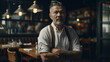 © Ayepeid - A man stands in a restaurant with his arms crossed. generative ai