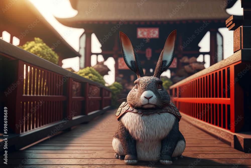 Gypsy Rabbit Temple Rabbit samurai in traditional temple. Japanese temple with hare warrior ...