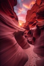 The Sun Is Setting In The Canyons Of The Desert. AI Generative Image.