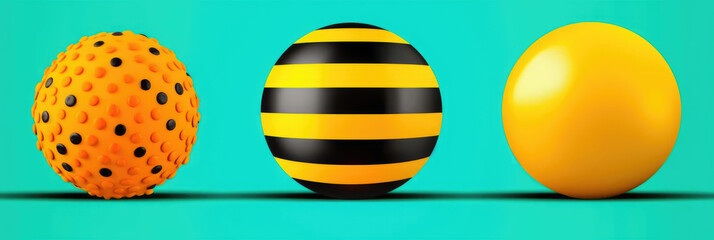 Sticker - three balls, spheres, yellow and black on turquoise background. Generative AI image.