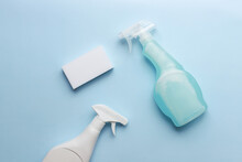 Flat Lay Cleaning Sprays And Sponge. Bring Cleanliness. Cleaning Products