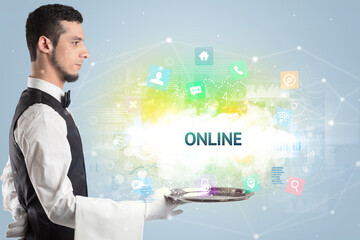 Waiter serving social networking concept