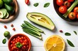 Fresh vegetables and fruits on white background, top view. generated by AI