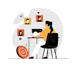 Digital Marketing. New customers attraction, business promotion. Marketer planning and makes ads campaign. Illustration with people scene in flat design for website and mobile development.