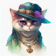 Wall Mural - Portrait of a cat in a hat, watercolor style Generative AI