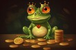 a rich Frog wearing golden crown, MEME coin representive
