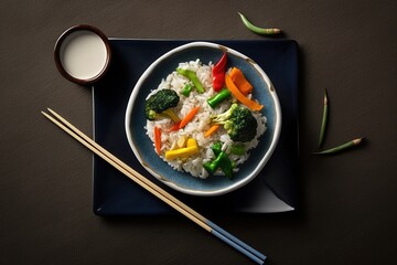 Wall Mural - Copy space over high-angle shot of rice, veggies, and chopsticks. Generative AI Generative AI