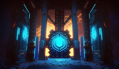 Wall Mural - Magic fantasy portal. Blue, gold, purple, neon lights illuminate the night scene with sparks on a transparent background.