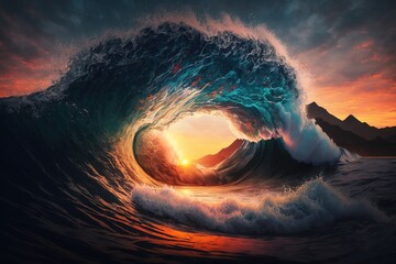 Wall Mural - stunning large wave on the water at sunset, filmed from above. generative ai generative ai