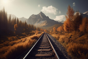 Railroad track through nature landscape, train railway for passenger or industry cargo transport