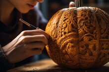 A Person's Hand Carving Intricate In A Pumpkin. Generative AI