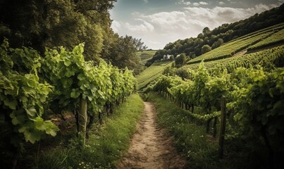 Wall Mural -  a dirt path leading through a lush green vineyard area with trees on both sides of the path.  generative ai