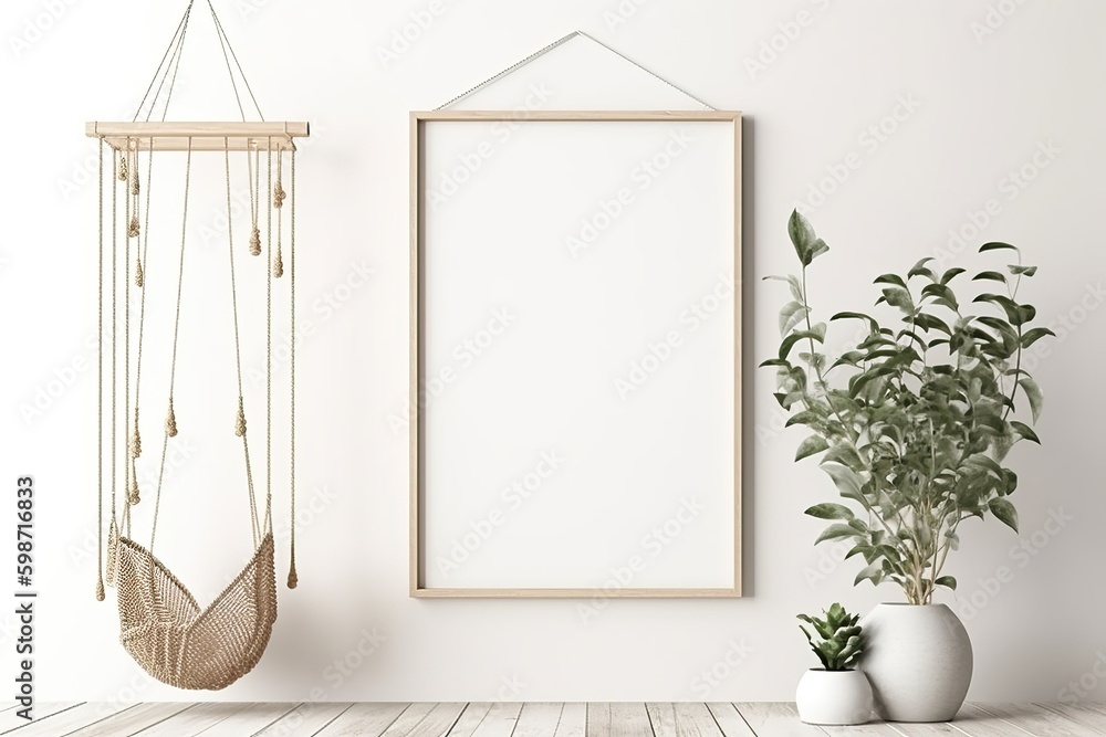 Interior poster mockup with vertical wooden frame on empty white wall ...
