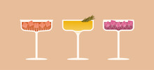 Vector Illustration Of A Cocktails In Crystal Glasses With Decoration. Festive Glamour Drinks In Coupe Glasses
